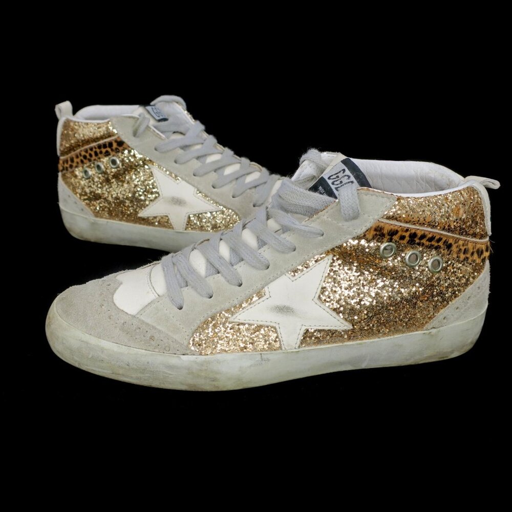 Golden Goose Mid Star Gold Glitter Midstar LE Sneakers Women 37 7M Made in Italy - Picture 1 of 15